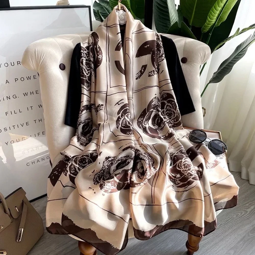 Bronzed Cream Silk Mixed Monogram Designer Inspired Luxury Oversized Scarf